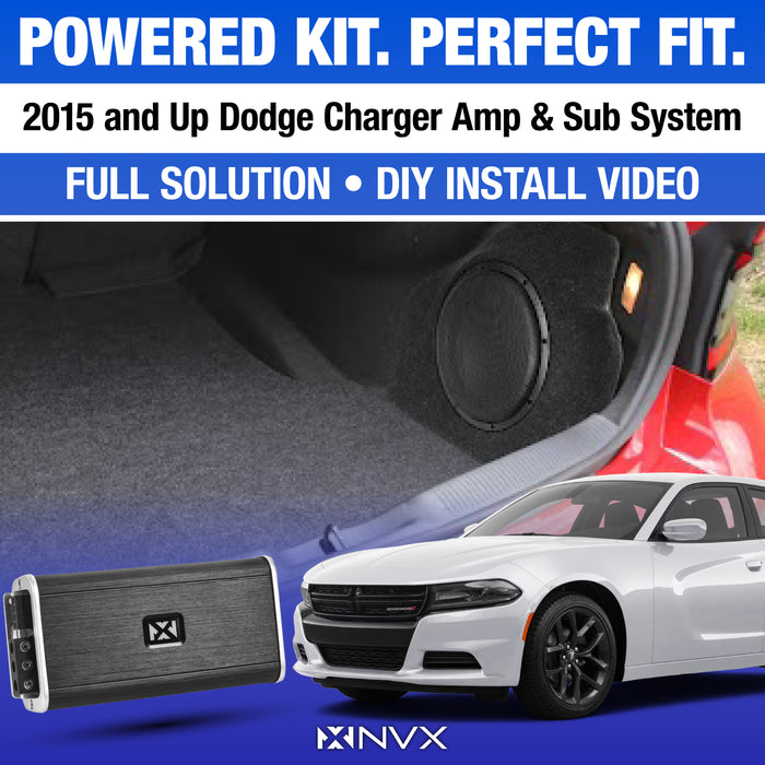 2015-2023 Dodge Charger Bass Package - Includes 10" 500W RMS Subwoofer, Custom Enclosure, Monoblock Amplifier, Line Out Converter and Complete Wiring Kit (PBK-DODCHA-G7)