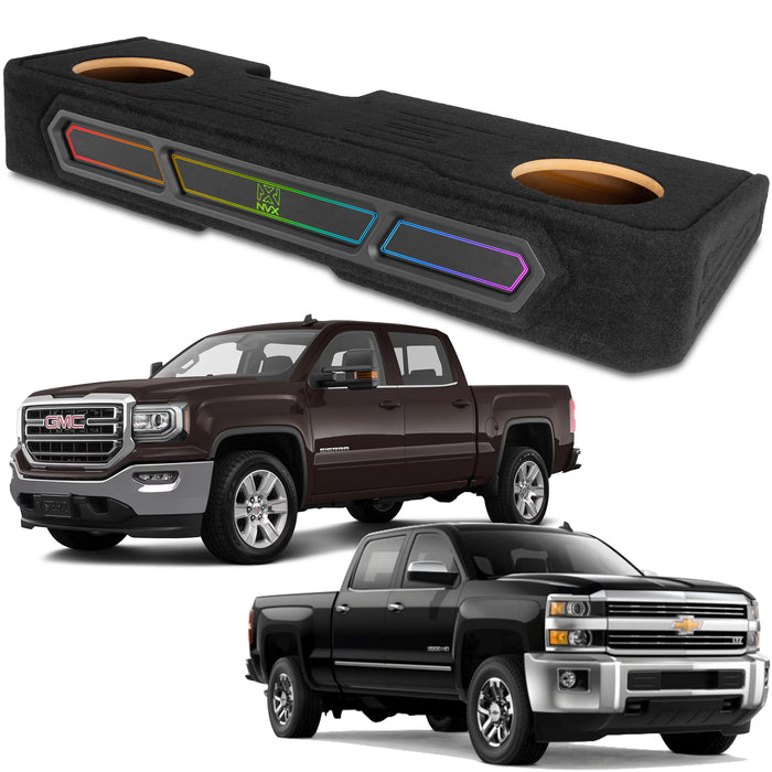 Custom Dual 10" Under-seat Ported Unloaded Subwoofer Enclosure with LED Lighting for 2008-2018 Chevrolet Silverado and GMC Sierra Crew Cab Trucks | BE-GM-08SLVCC-P210