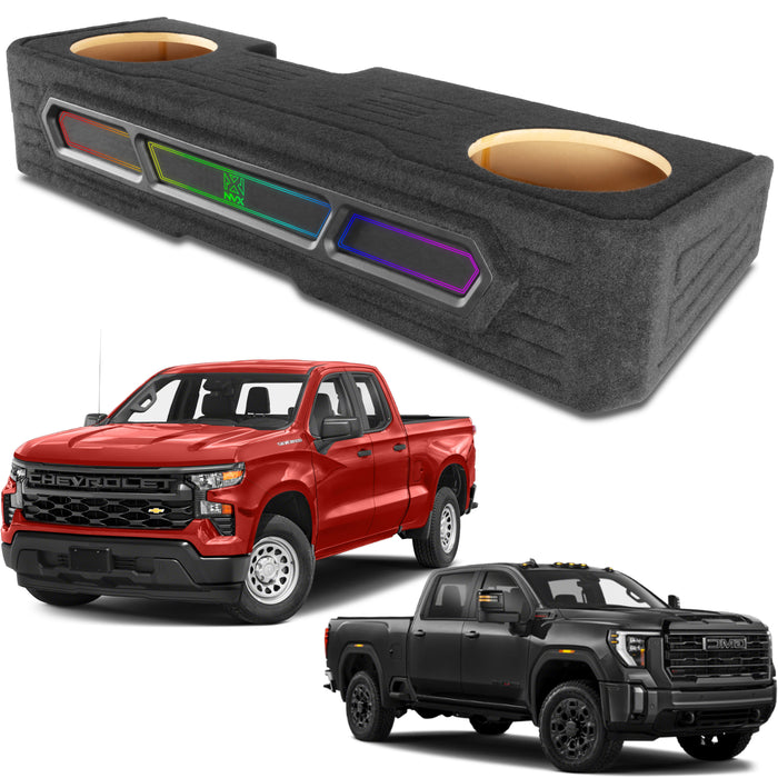 Custom Dual 12" Under-seat Ported Unloaded Subwoofer Enclosure with LED Lighting for 2019-2024 Chevrolet Silverado and GMC Sierra Crew Cab Trucks | BE-GM-19SLVCC-P212