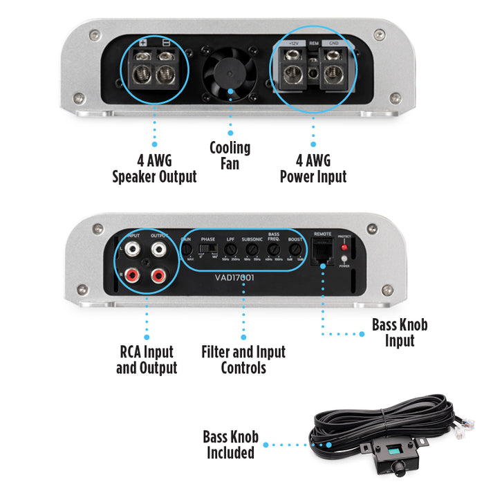 VAD17001 1700W RMS V-Series Class-D 1-Ohm Stable Monoblock Amplifier (Marine Certified)