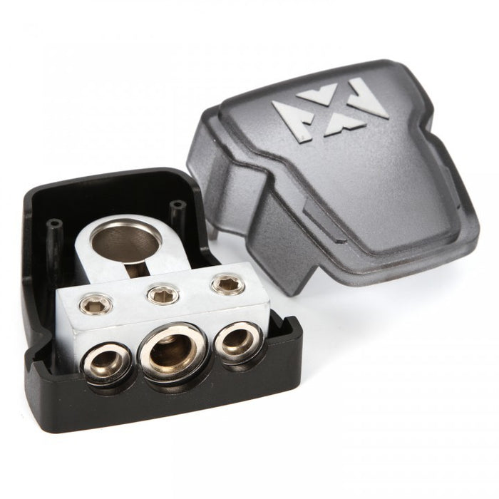 XBTU Universal Positive/Negative Satin Chrome Battery Terminal with 1/0 Gauge Input & Two 4/8 Gauge Outputs